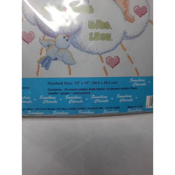Vtg Janlynn Counted Cross Stitch Kit Sunshine Cherubs Birth Announcement 12x15 - Picture 4 of 6